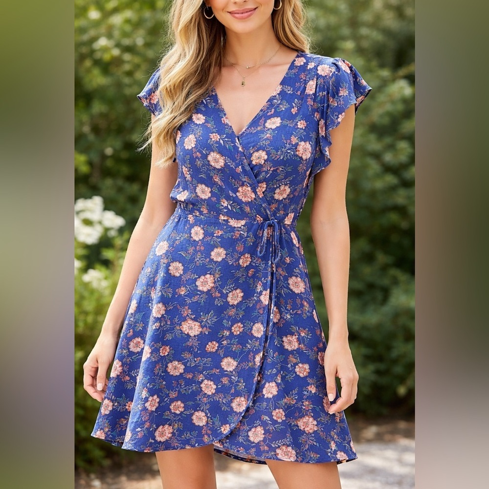 Xhilaration Blue Floral Wrap-Style Dress – Size‎ S